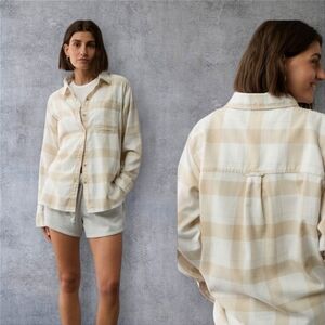 NEW! Beige & White Plaid Button-Up Shirt 100% Cotton Overside Flannel  Size Xl